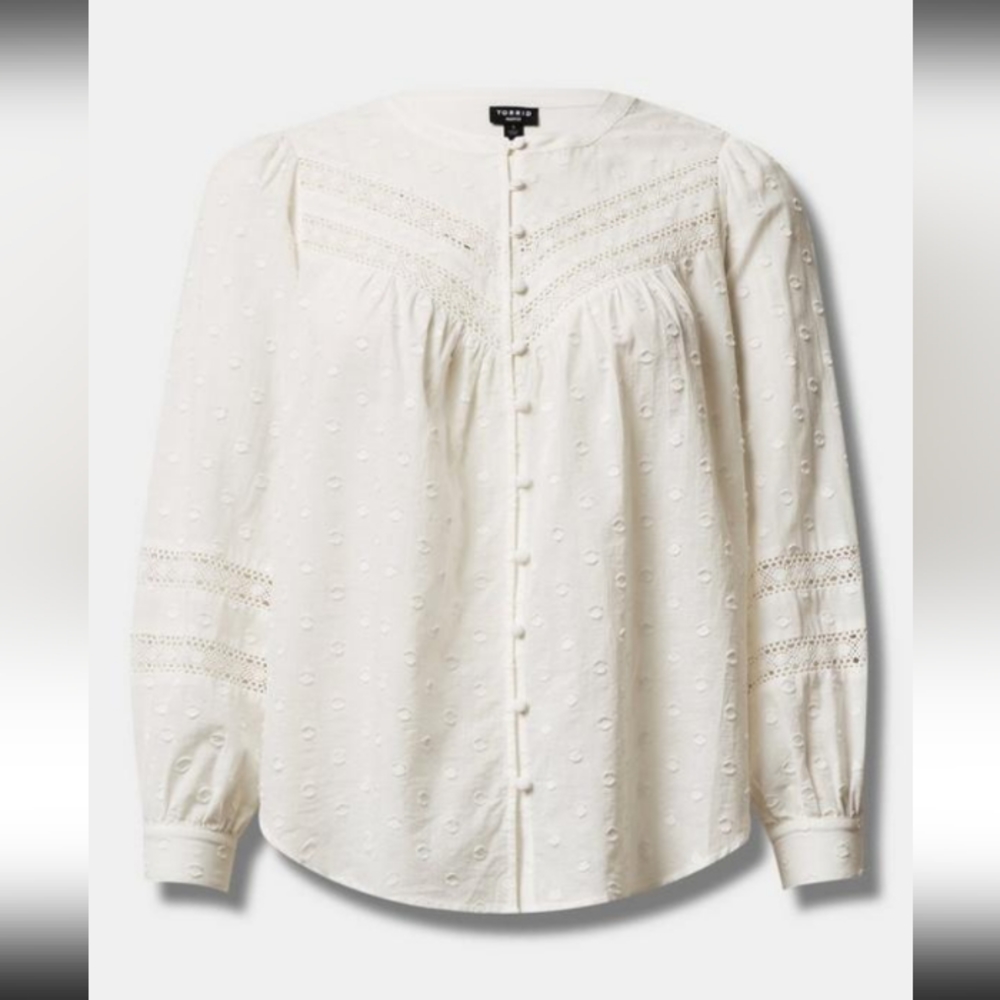NWT Torrid 1X(14/16W) Cotton Clip Dot Lace Trim Long Sleeve Top-Cloud Da…